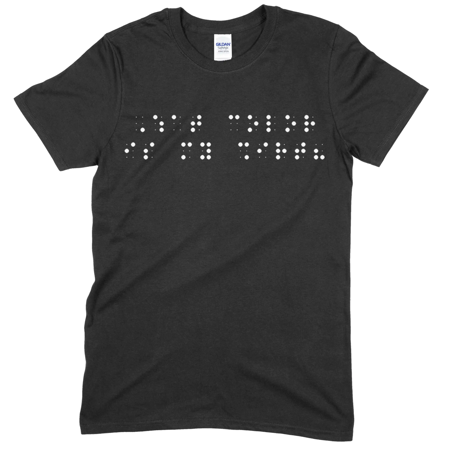 Black short sleeve t-shirt with “What color is my shirt?” printed in white Grade 2 braille across the chest.