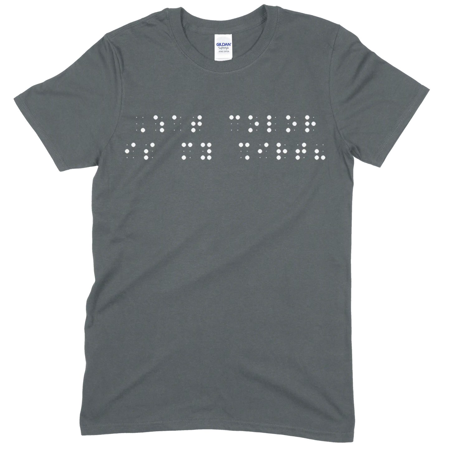 Charcoal gray short sleeve t-shirt with “What color is my shirt?” printed in white Grade 2 braille across the chest.