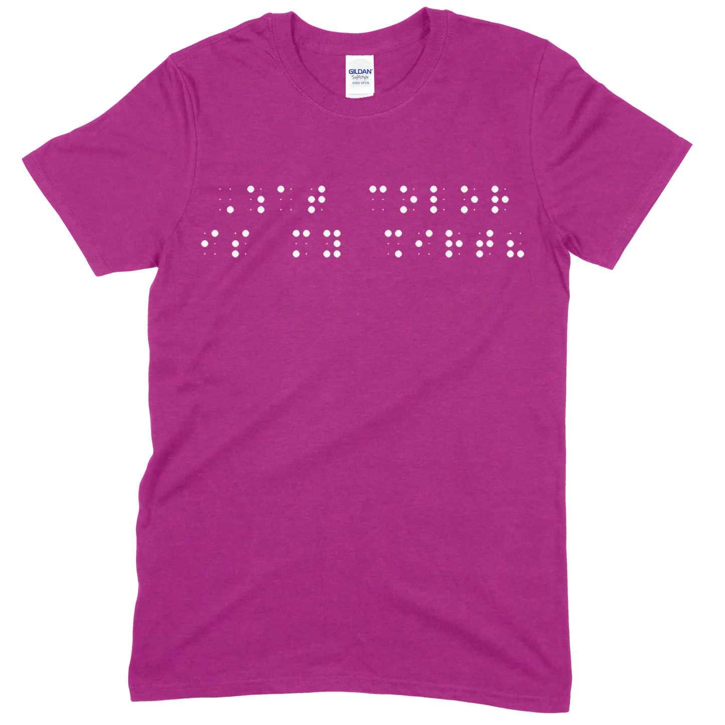 Dark pink short sleeve t-shirt with “What color is my shirt?” printed in white Grade 2 braille across the chest.