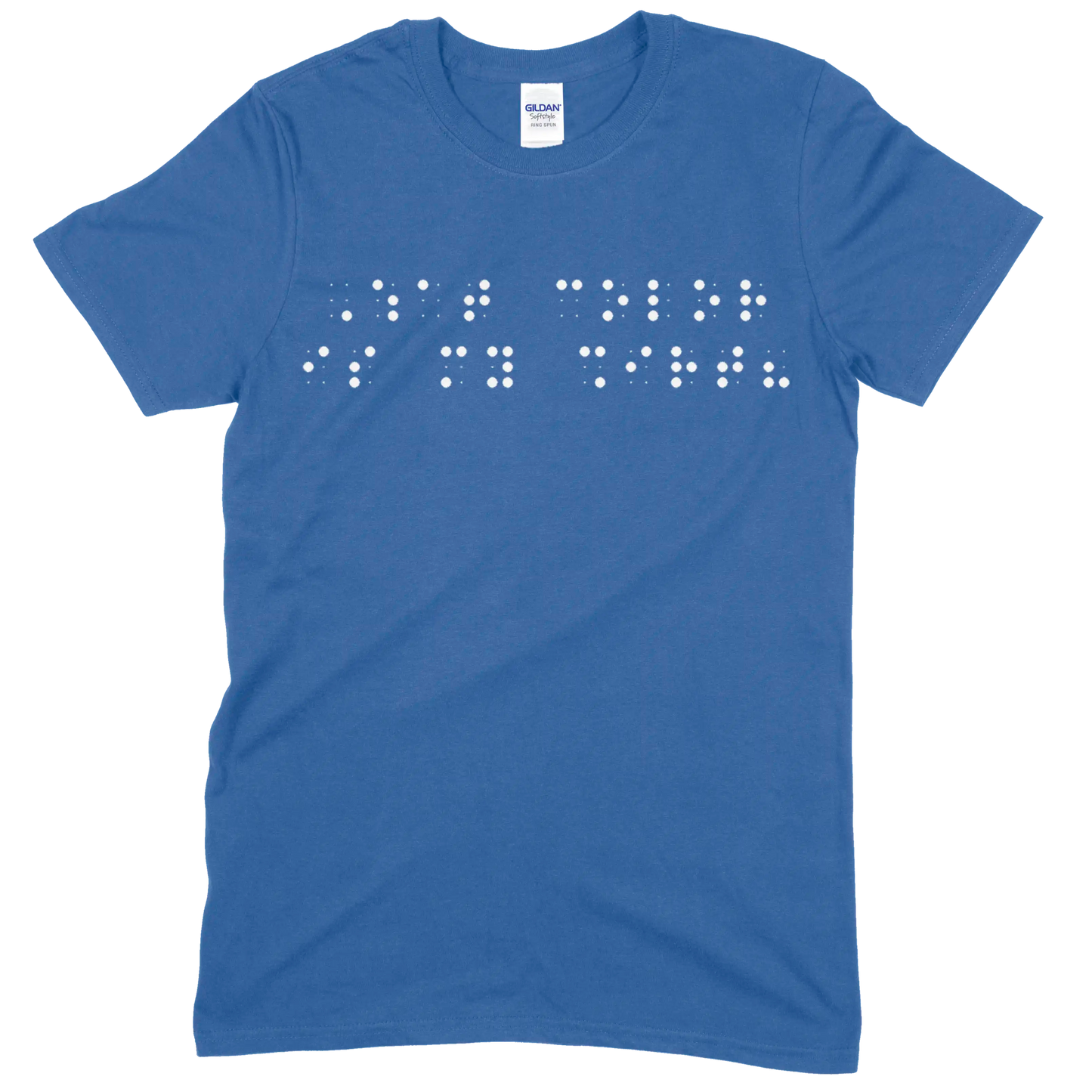 Royal blue short sleeve t-shirt with “What color is my shirt?” printed in white Grade 2 braille across the chest.