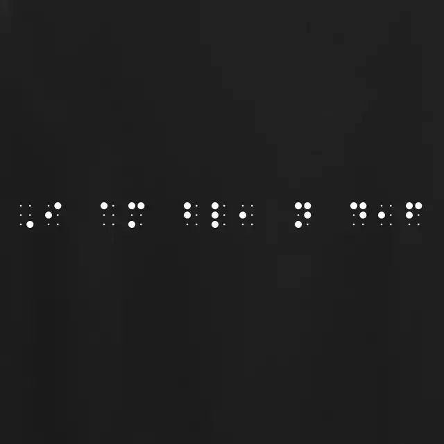 "I am blind, not deaf" printed in white Grade 2 braille across the chest of a black t-shirt.