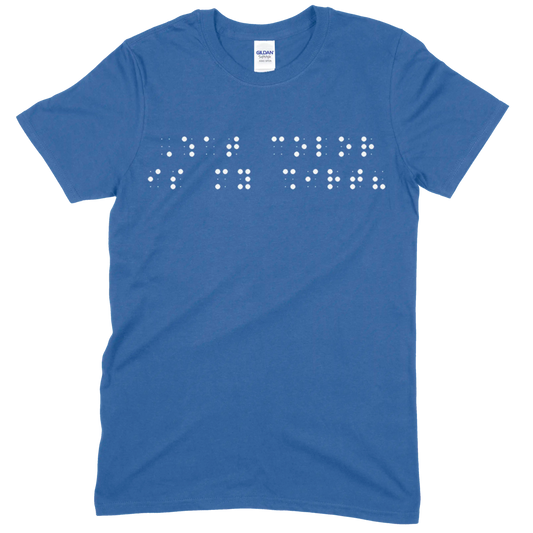 Royal blue short sleeve t-shirt with “What color is my shirt?” printed in white Grade 2 braille across the chest.