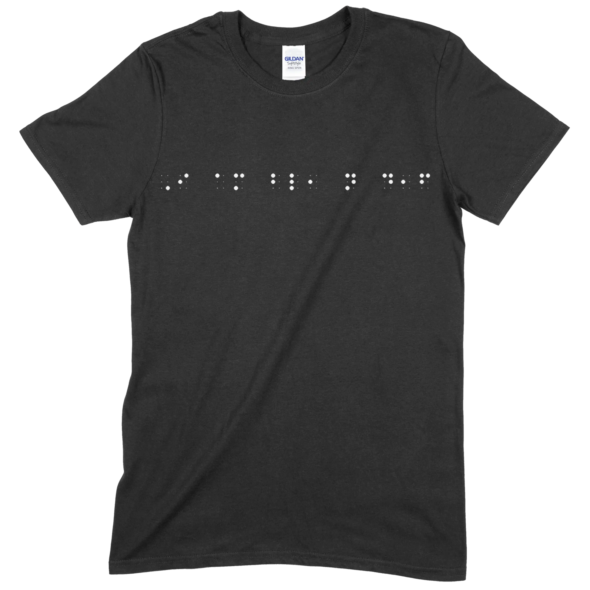 Black short sleeve t-shirt with “I am blind, not deaf” printed in white Grade 2 braille across the chest.