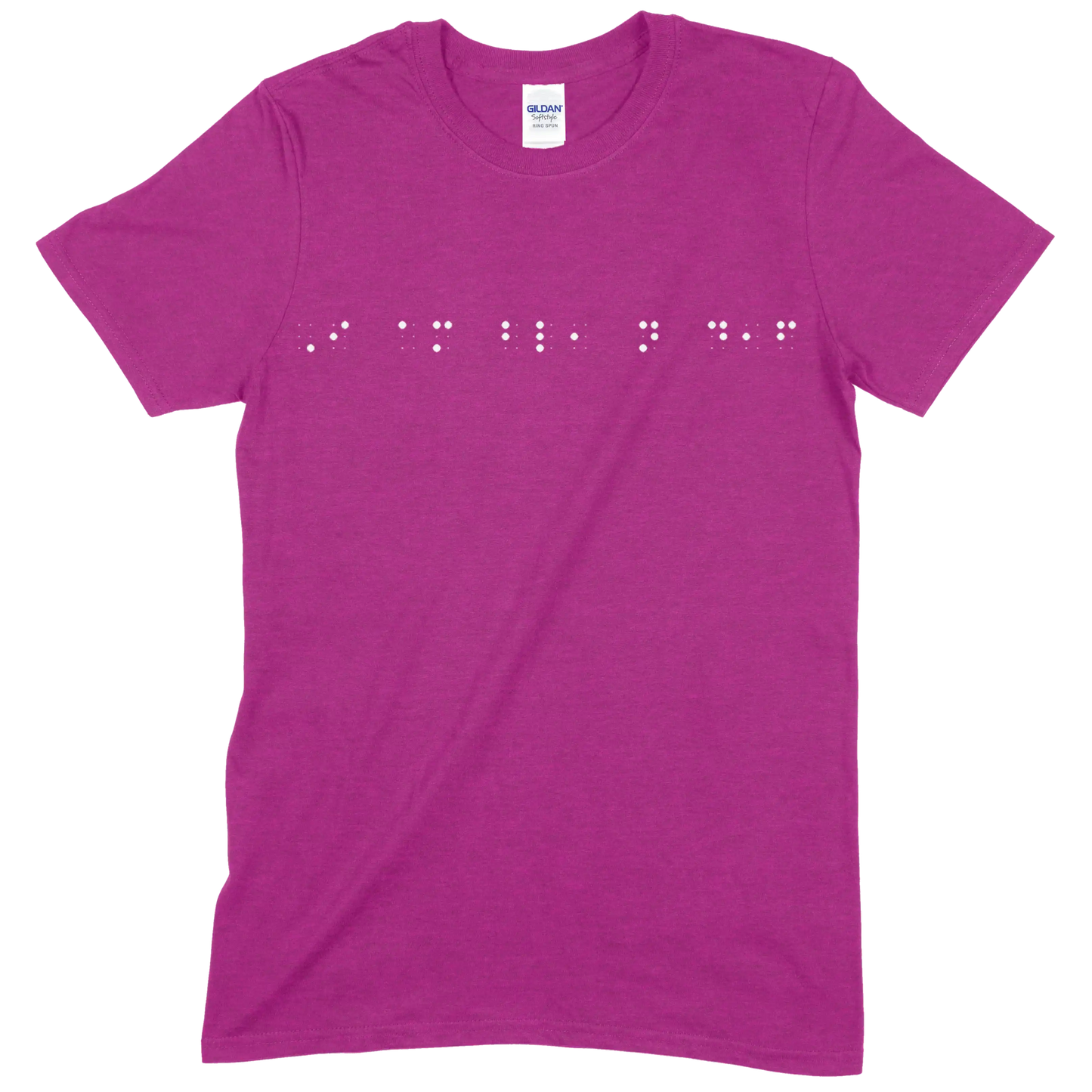 Dark pink short sleeve t-shirt with “I am blind, not deaf” printed in white Grade 2 braille across the chest.