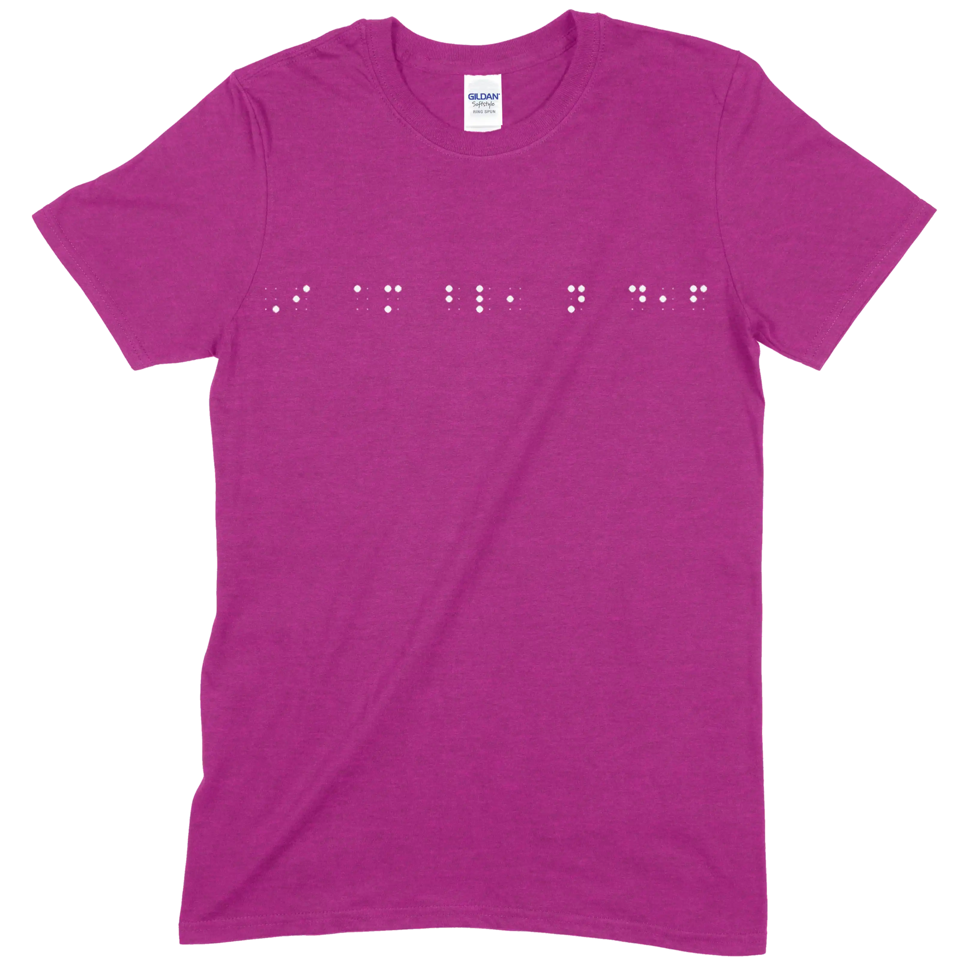 Dark pink short sleeve t-shirt with “I am blind, not deaf” printed in white Grade 2 braille across the chest.