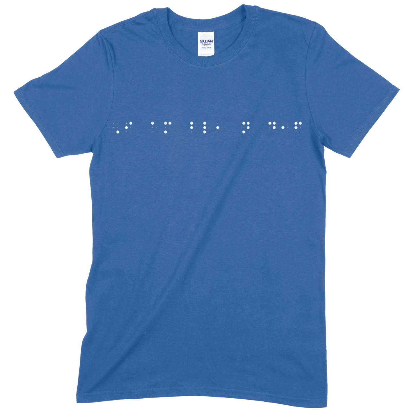 Royal blue short sleeve t-shirt with “I am blind, not deaf” printed in white Grade 2 braille across the chest.