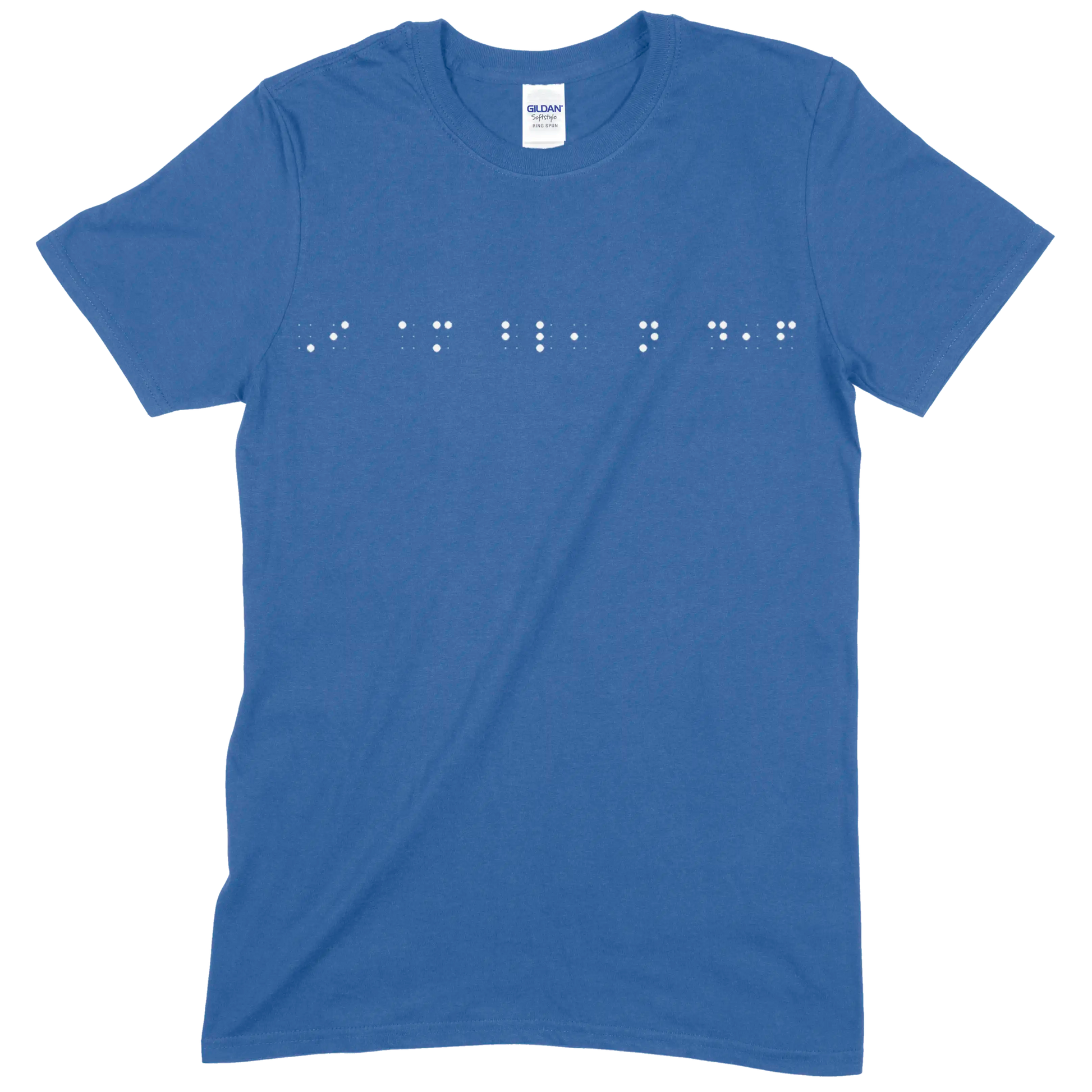 Royal blue short sleeve t-shirt with “I am blind, not deaf” printed in white Grade 2 braille across the chest.