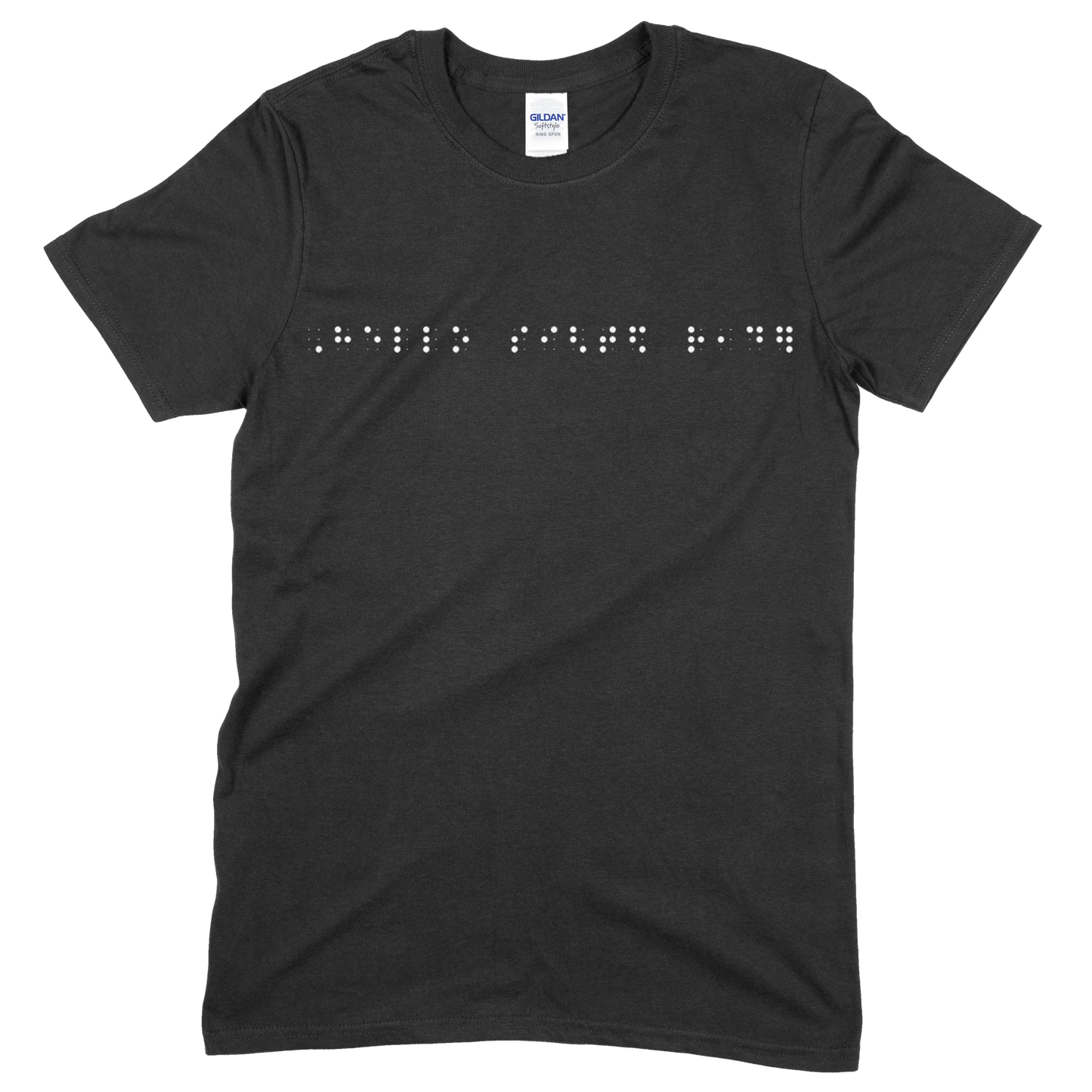 Black short sleeve t-shirt with “Hello sighted reader” printed in white Grade 2 braille across the chest.