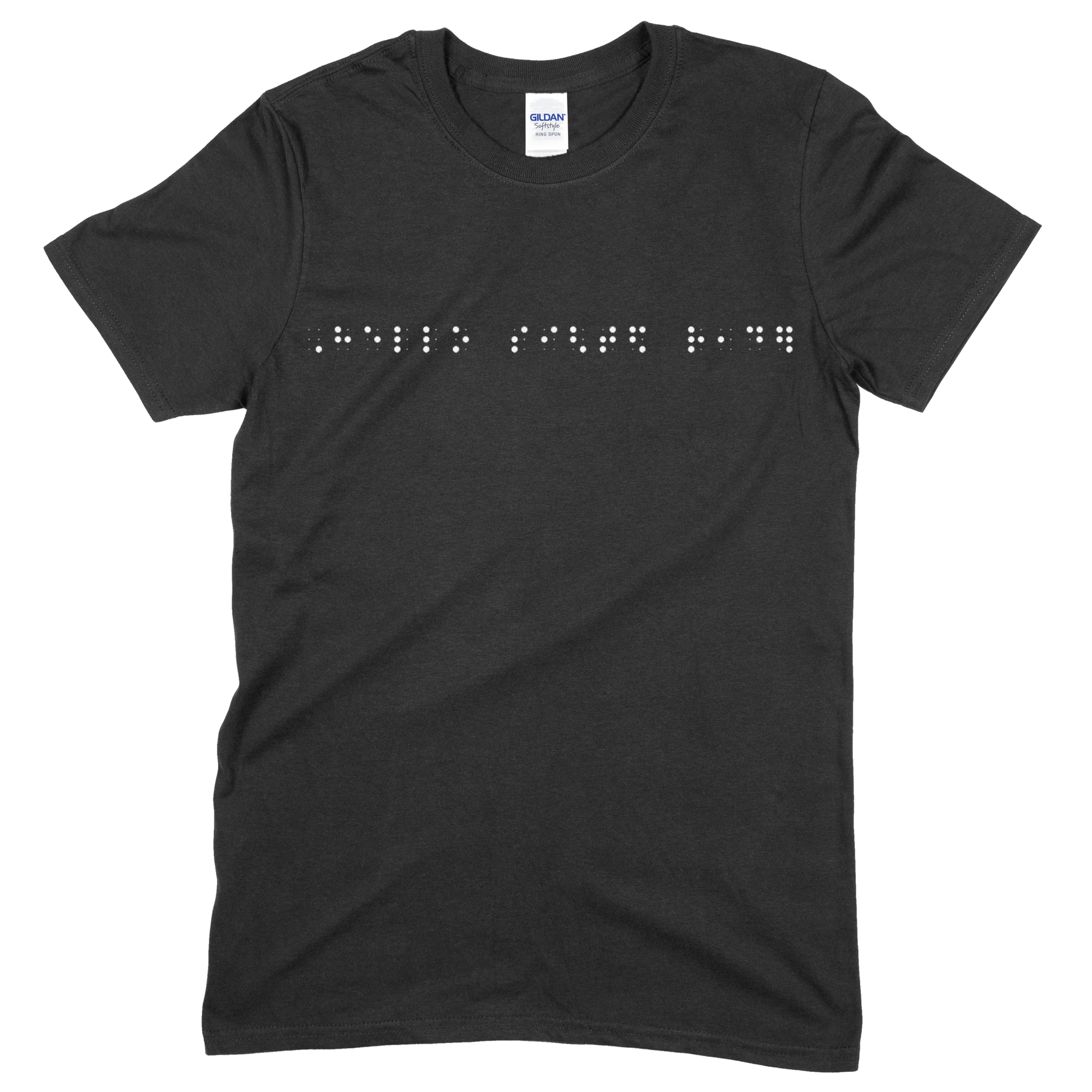 Black short sleeve t-shirt with “Hello sighted reader” printed in white Grade 2 braille across the chest.