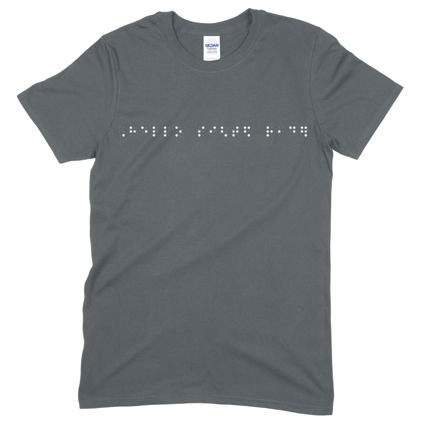 Charcoal gray short sleeve t-shirt with “Hello sighted reader” printed in white Grade 2 braille across the chest.