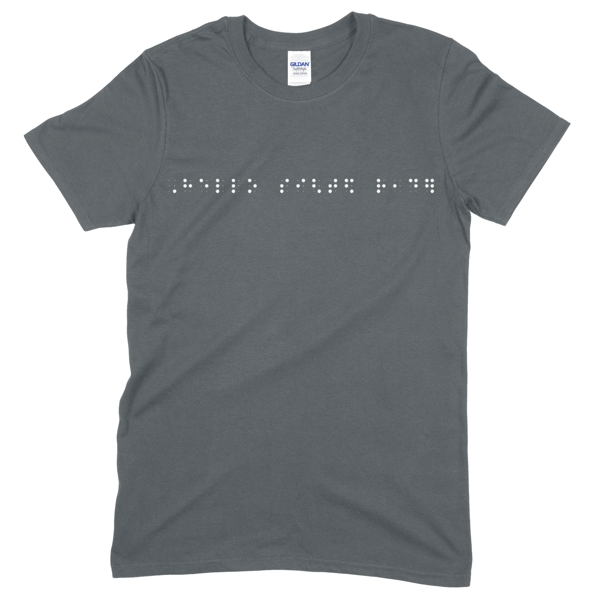 Charcoal gray short sleeve t-shirt with “Hello sighted reader” printed in white Grade 2 braille across the chest.