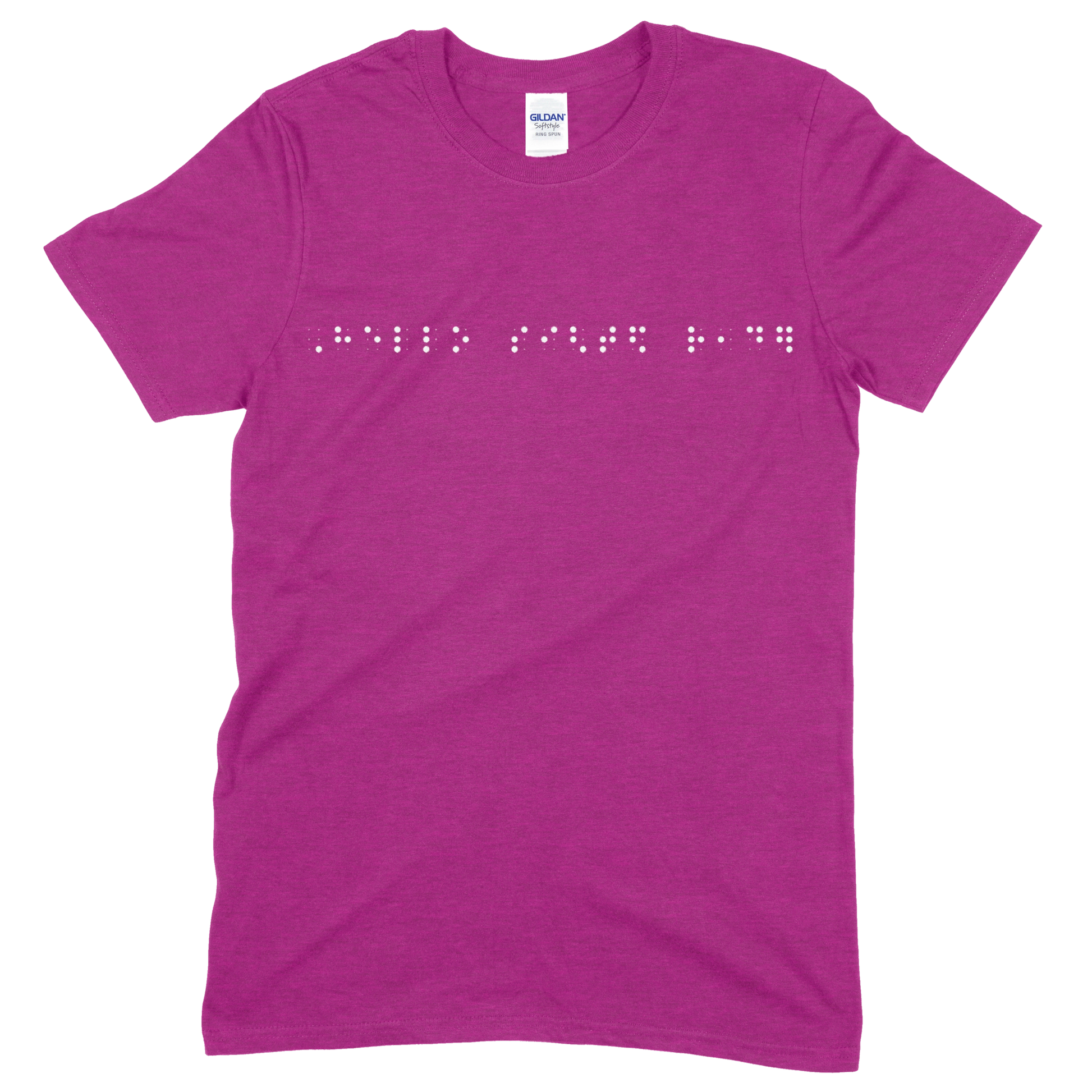 Dark pink short sleeve t-shirt with “Hello sighted reader” printed in white Grade 2 braille across the chest.