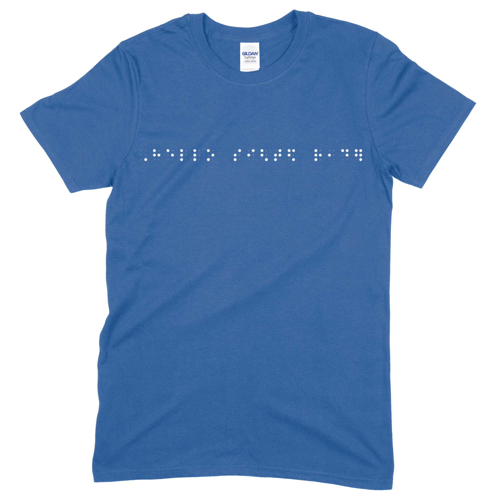 Royal blue short sleeve t-shirt with “Hello sighted reader” printed in white Grade 2 braille across the chest.