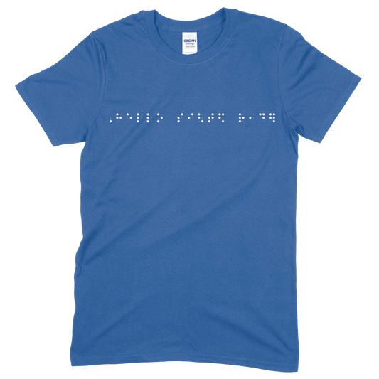 Royal blue short sleeve t-shirt with “Hello sighted reader” printed in white Grade 2 braille across the chest.