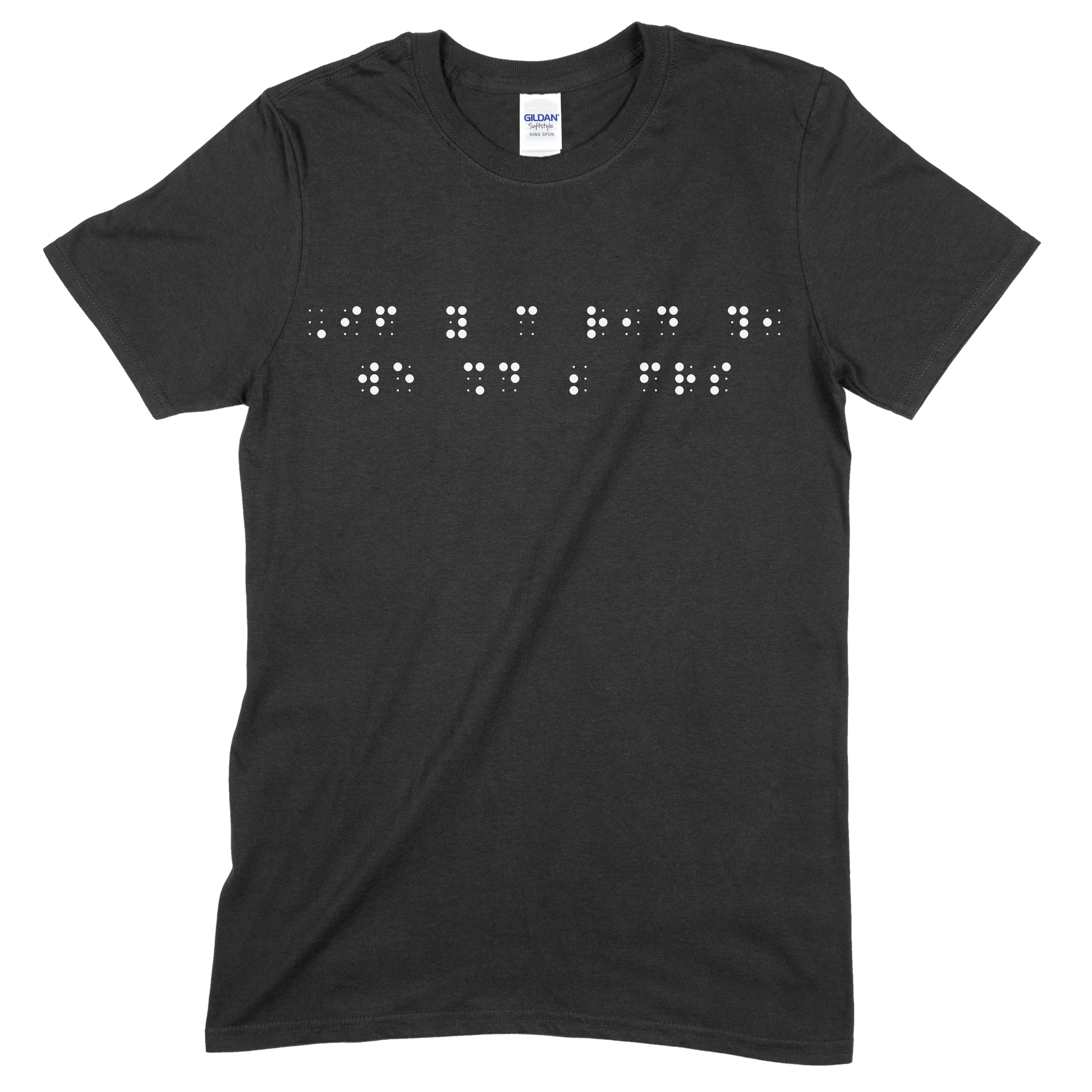 Black short sleeve t-shirt with “If you can read this, we should be friends” printed in white Grade 2 braille across the chest.