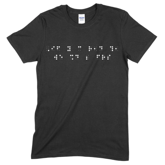 Black short sleeve t-shirt with “If you can read this, we should be friends” printed in white Grade 2 braille across the chest.