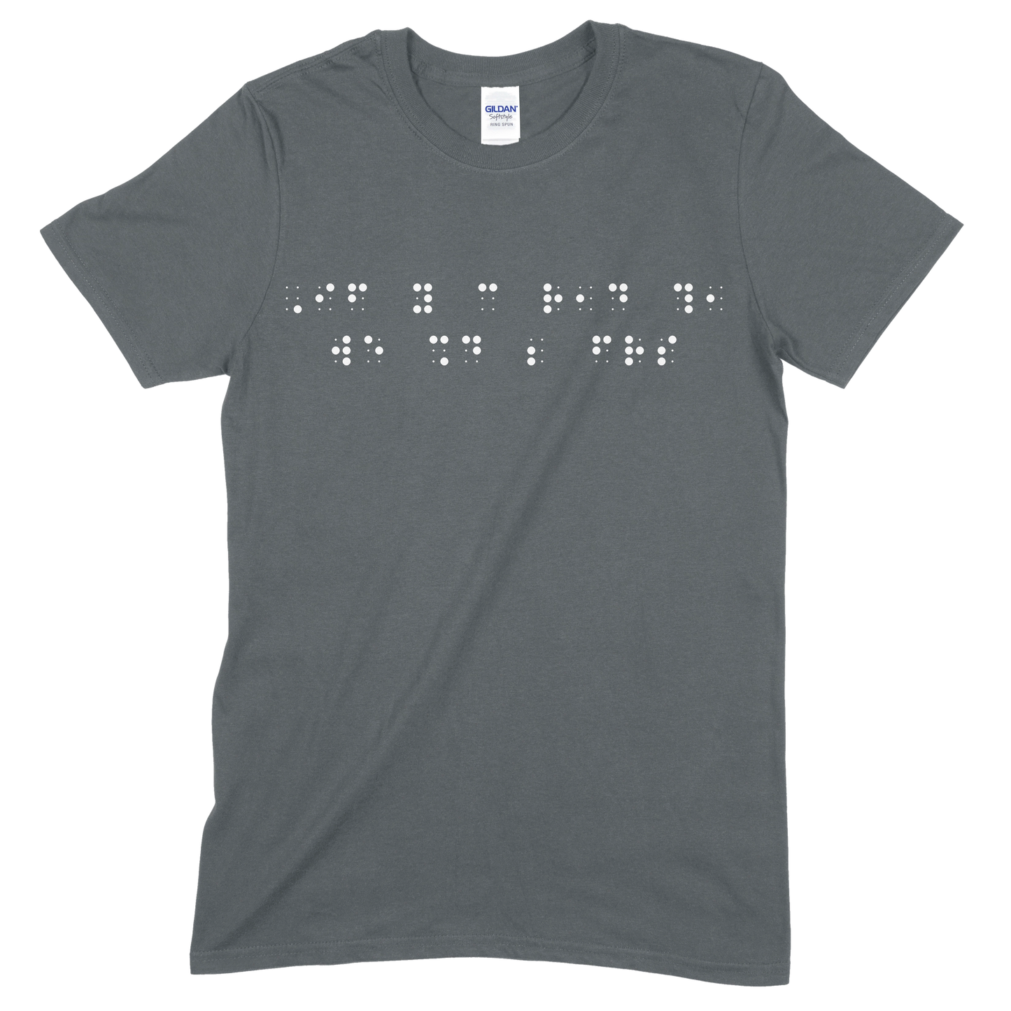Charcoal gray short sleeve t-shirt with “If you can read this, we should be friends” printed in white Grade 2 braille across the chest.