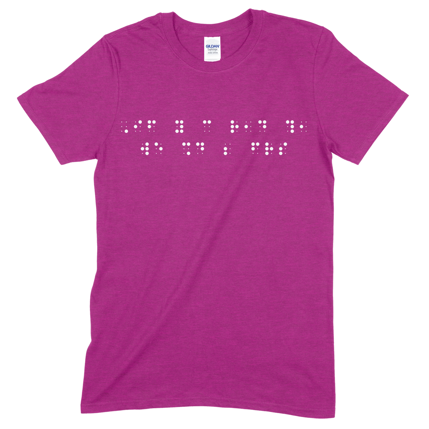 Dark pink short sleeve t-shirt with “If you can read this, we should be friends” printed in white Grade 2 braille across the chest.