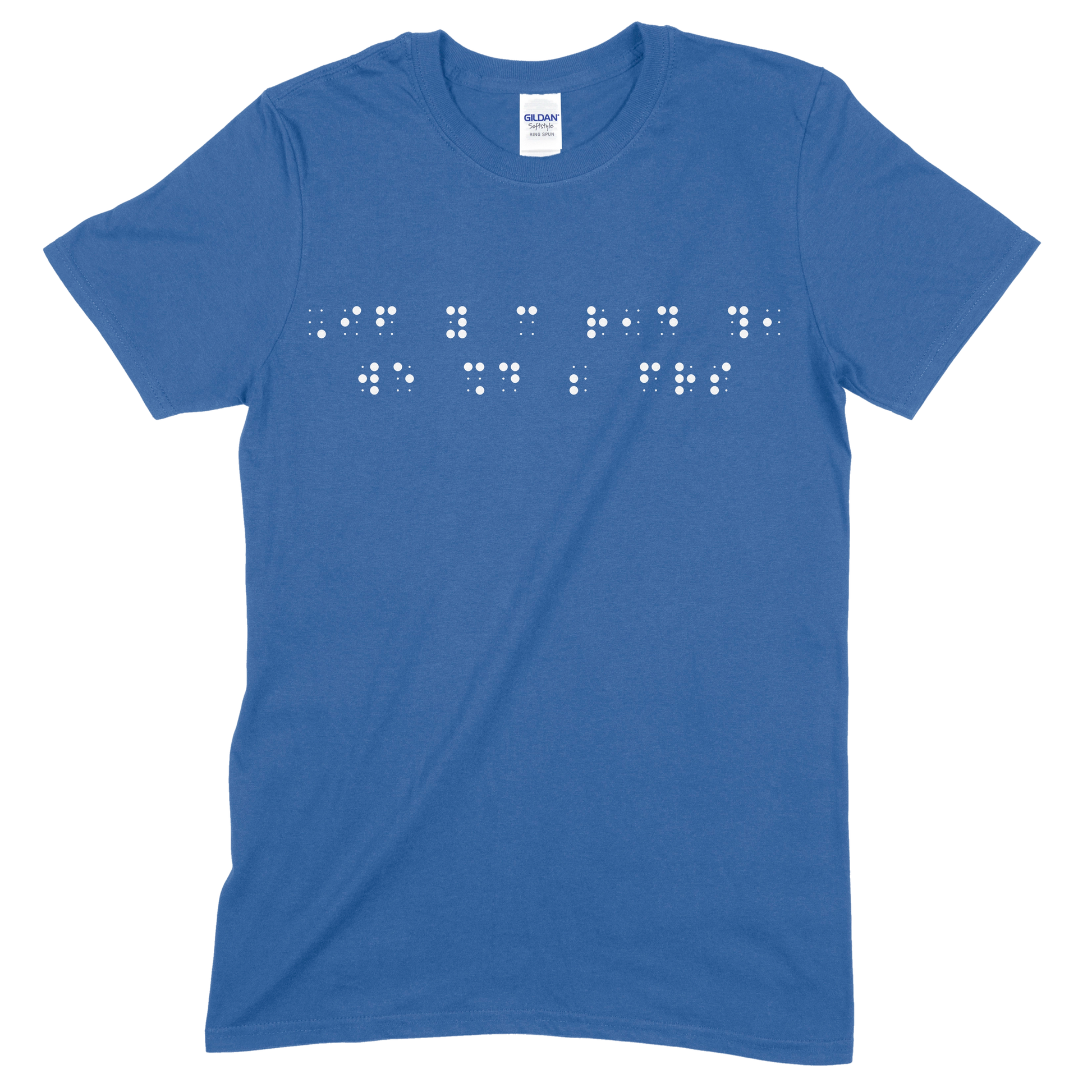 Royal blue short sleeve t-shirt with “If you can read this, we should be friends” printed in white Grade 2 braille across the chest.