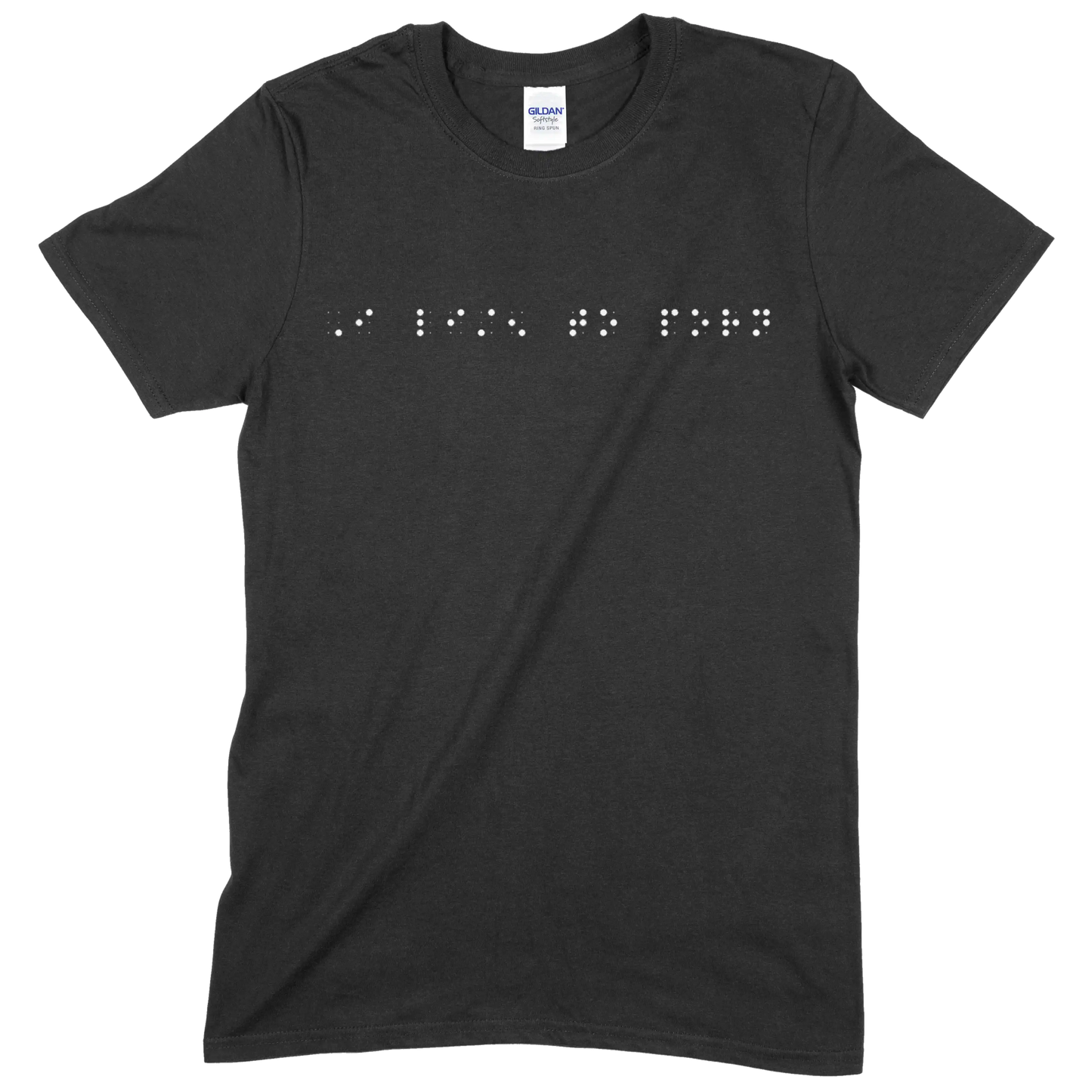 Black sleeve t-shirt with “I listen to porn” printed in white Grade 2 braille across the chest.