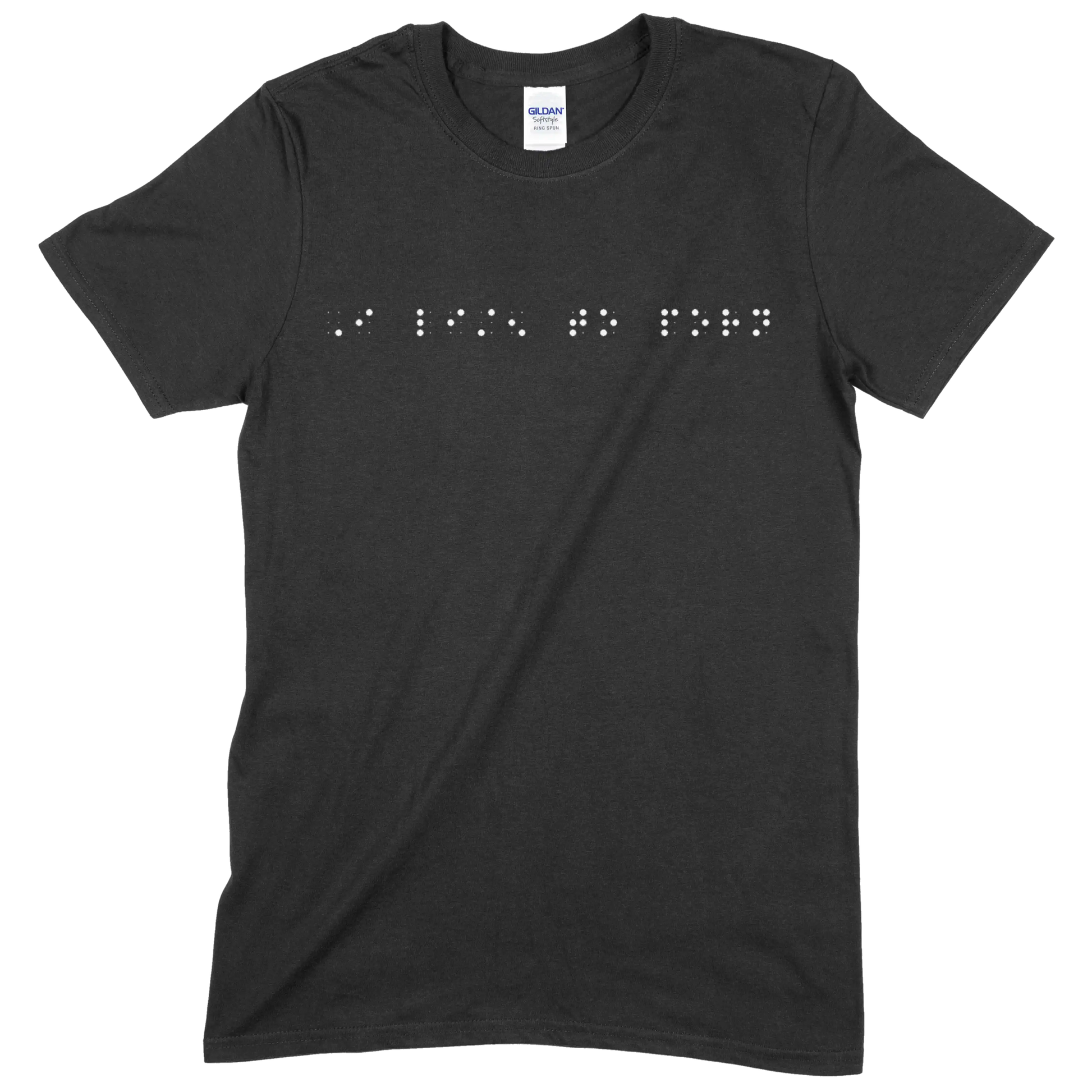 Black sleeve t-shirt with “I listen to porn” printed in white Grade 2 braille across the chest.