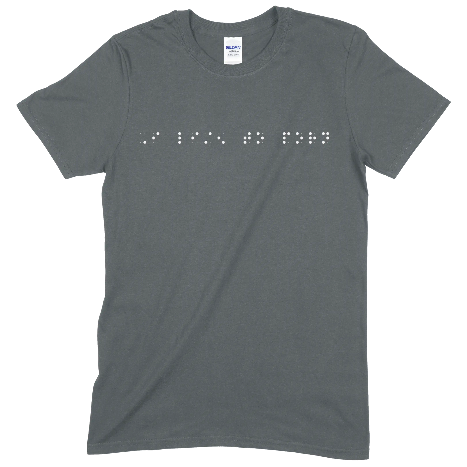 Charcoal gray sleeve t-shirt with “I listen to porn” printed in white Grade 2 braille across the chest.