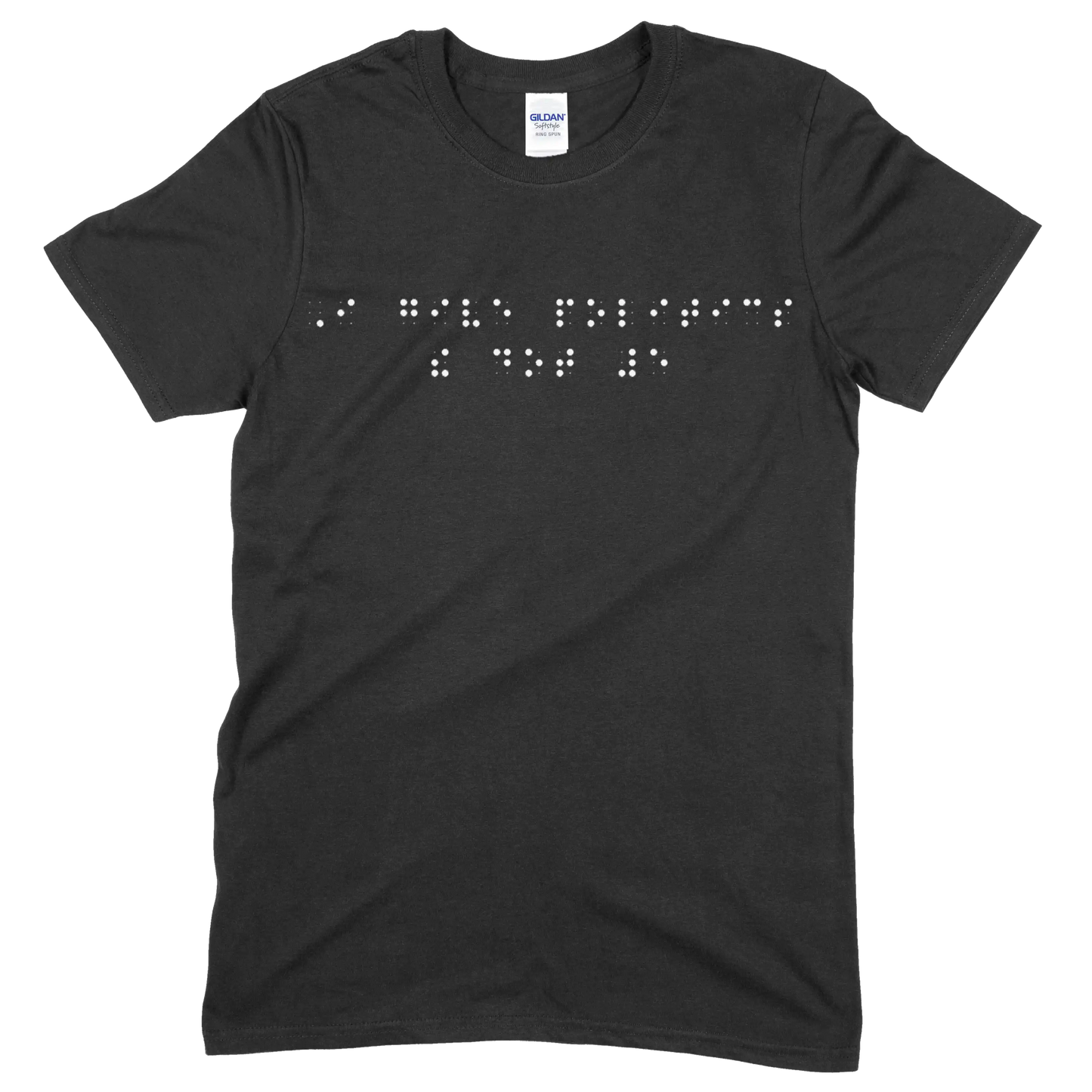 Black short sleeve t-shirt with “I give politics the dot 5” printed in white Grade 2 braille across the chest.