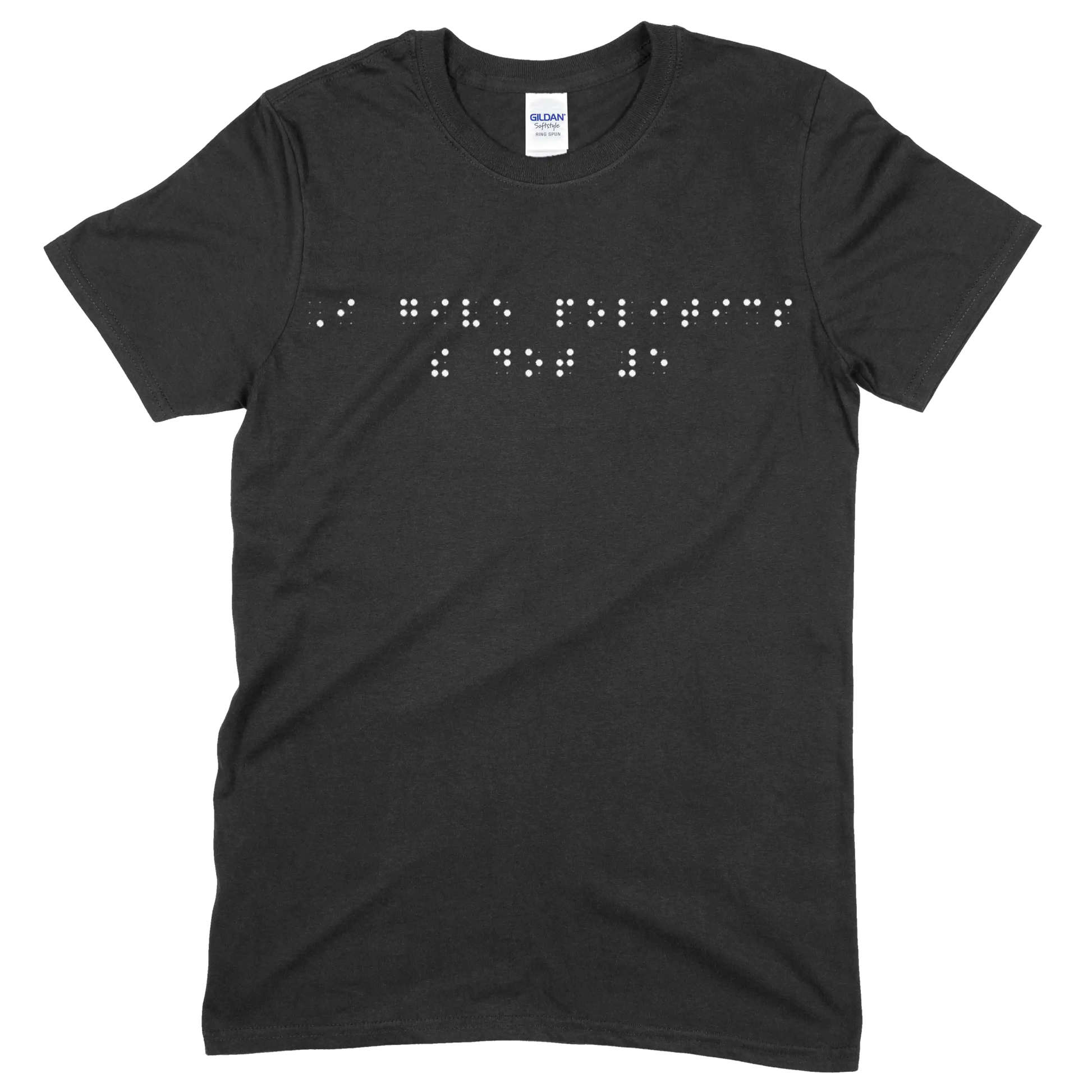 Black short sleeve t-shirt with “I give politics the dot 5” printed in white Grade 2 braille across the chest.