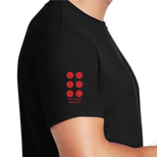 Red "Full Cell Braille" logo printed on right sleeve of short sleeved t-shirt.