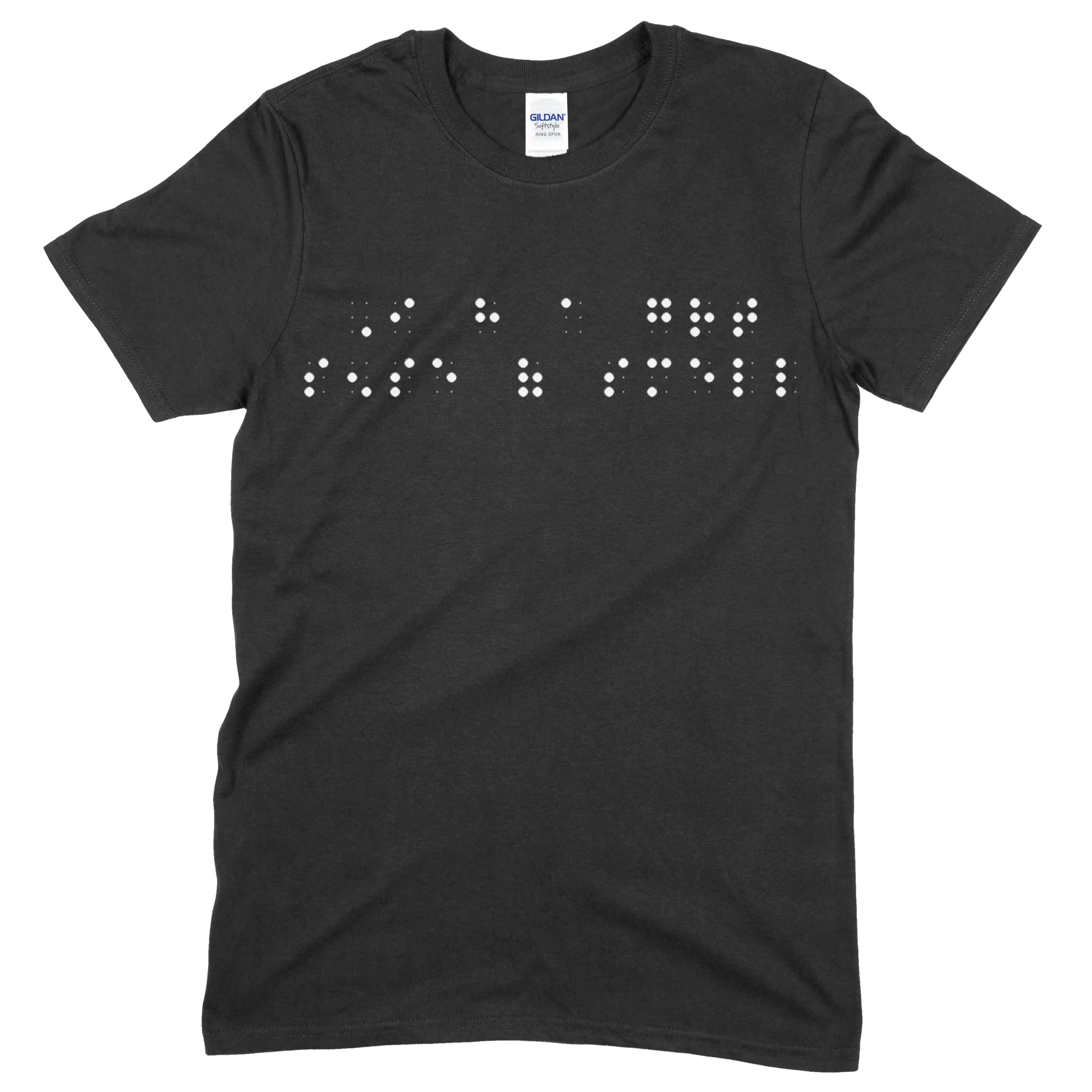 Black sleeve t-shirt with “I have a great sense of smell” printed in white Grade 2 braille across the chest.