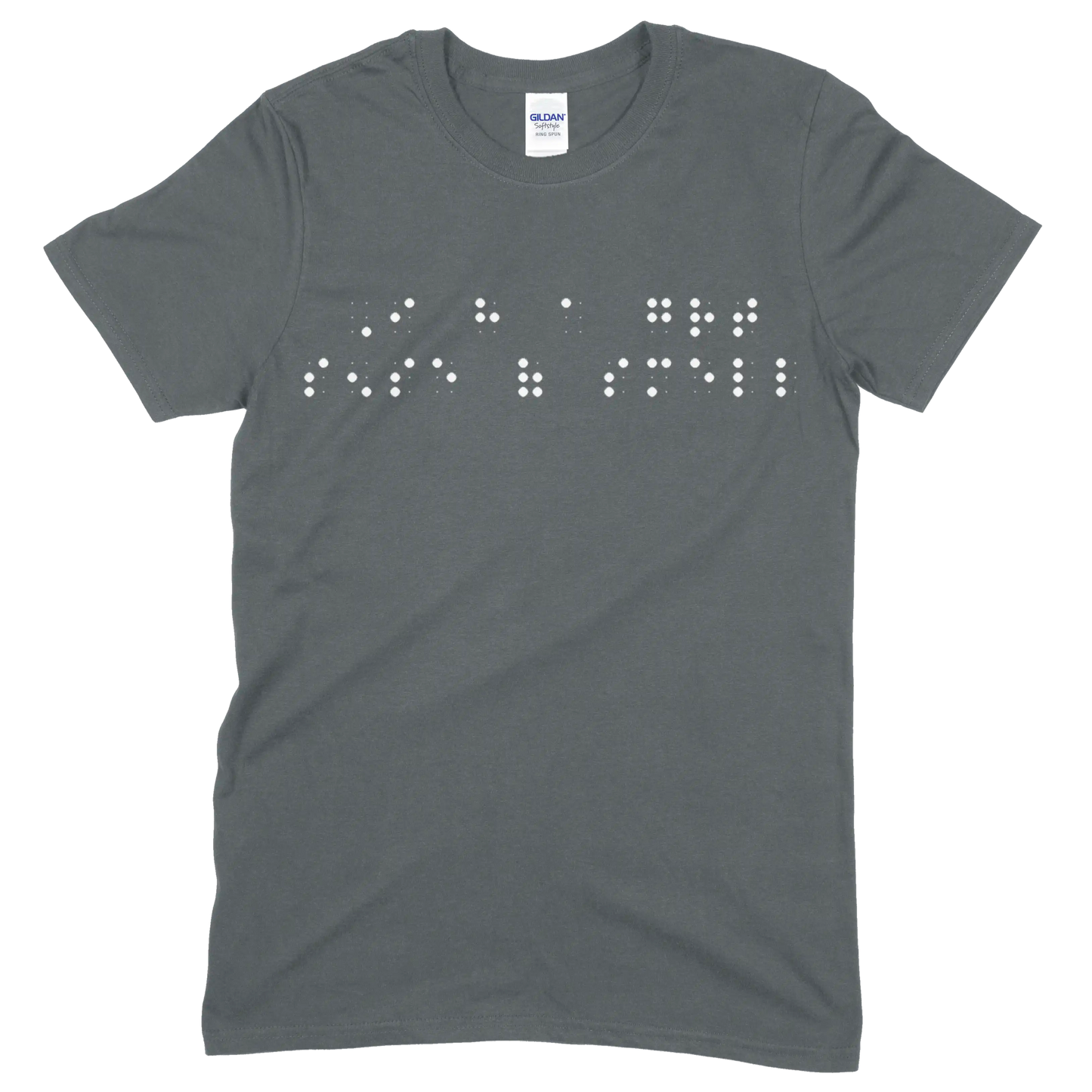 Charcoal gray sleeve t-shirt with “I have a great sense of smell” printed in white Grade 2 braille across the chest.
