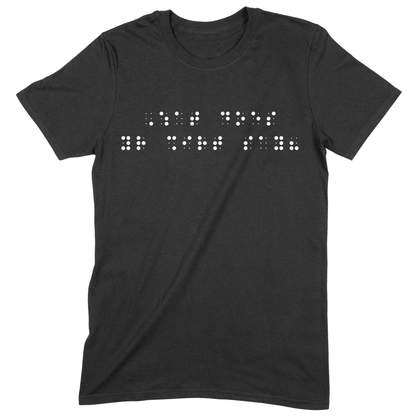 Black short sleeve t-shirt with “What does your shirt say?” printed in white Grade 2 braille across the chest.