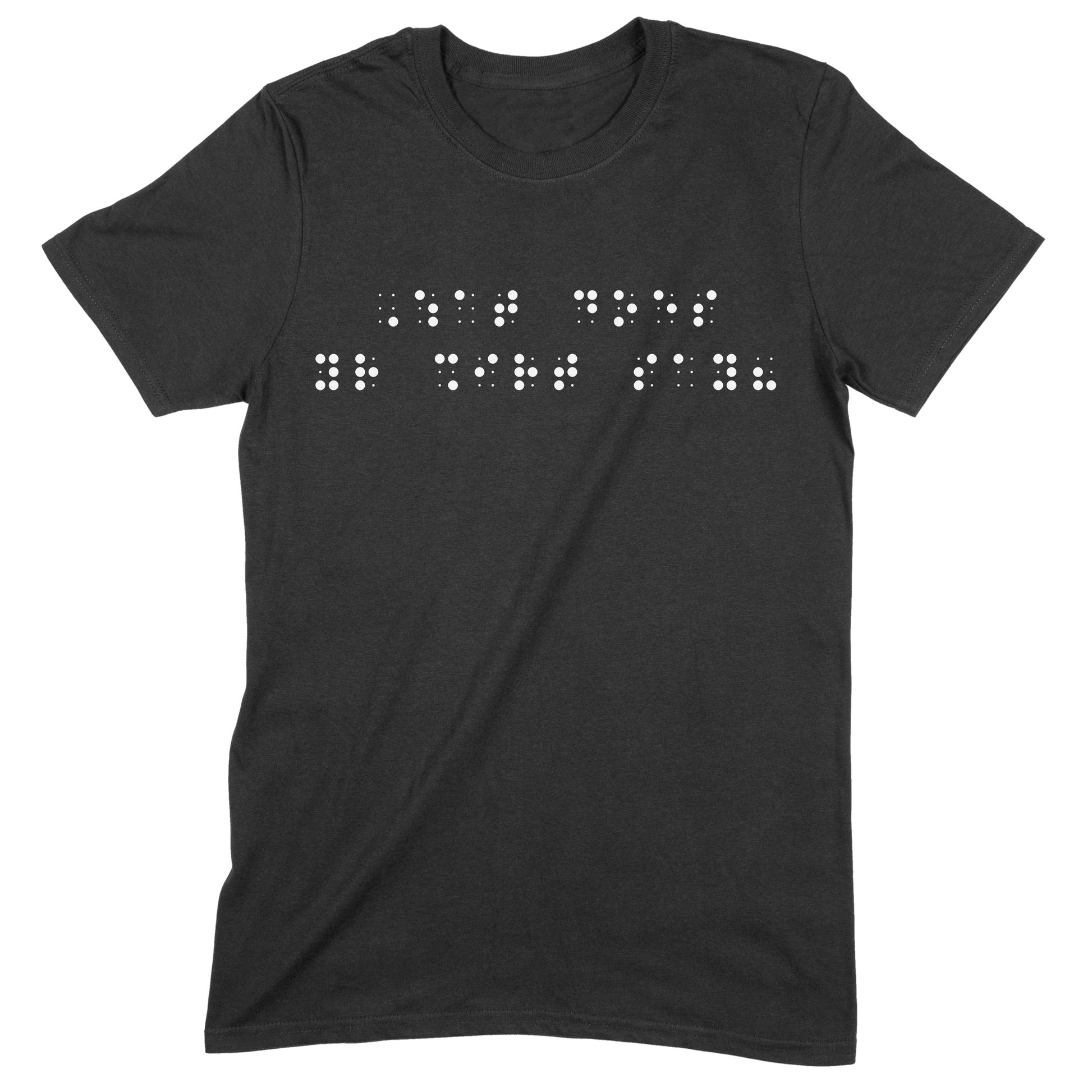 Black short sleeve t-shirt with “What does your shirt say?” printed in white Grade 2 braille across the chest.