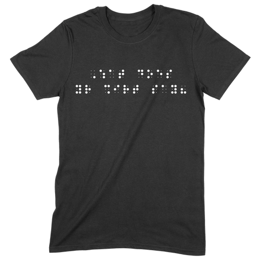 Black short sleeve t-shirt with “What does your shirt say?” printed in white Grade 2 braille across the chest.
