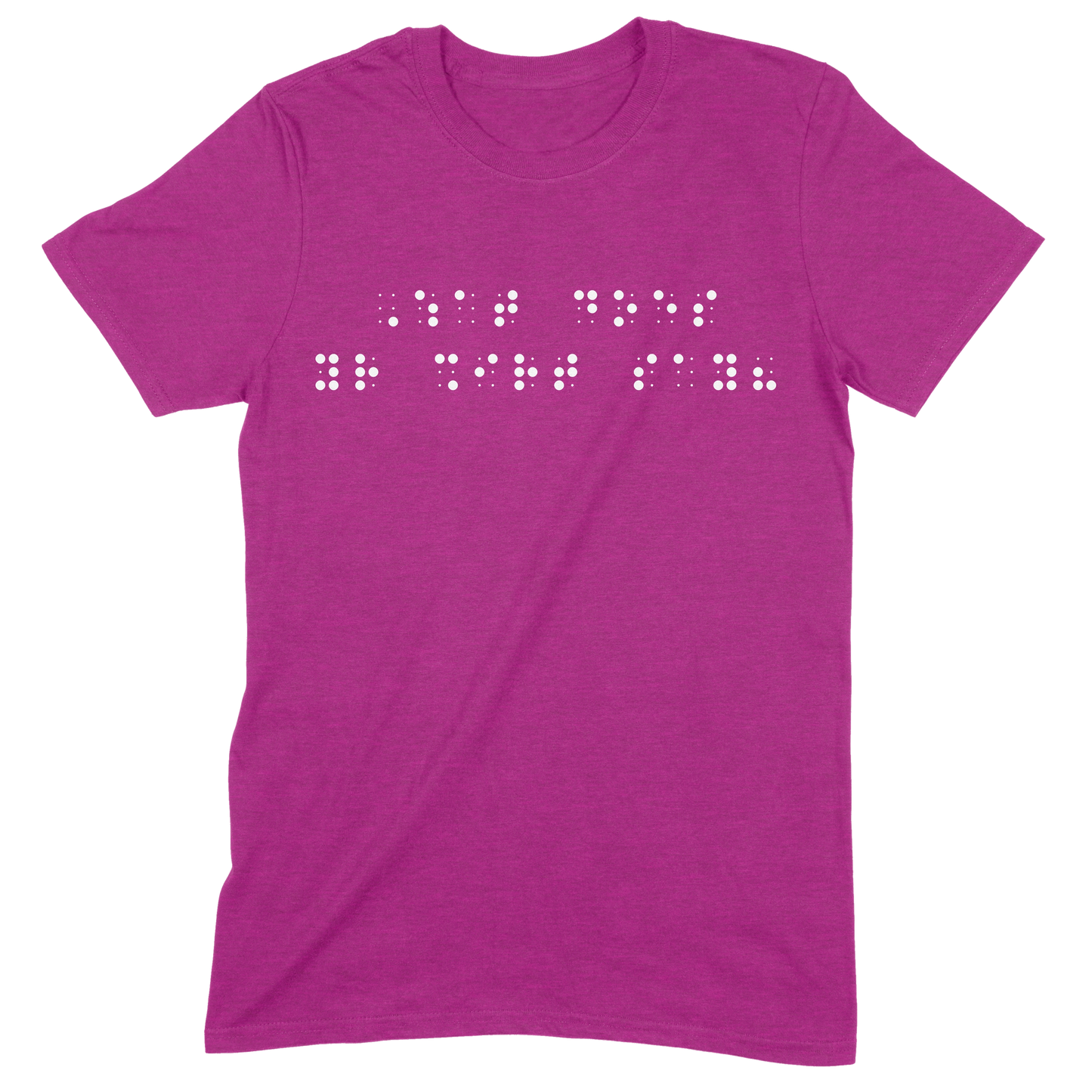 Dark pink short sleeve t-shirt with “What does your shirt say?” printed in white Grade 2 braille across the chest.