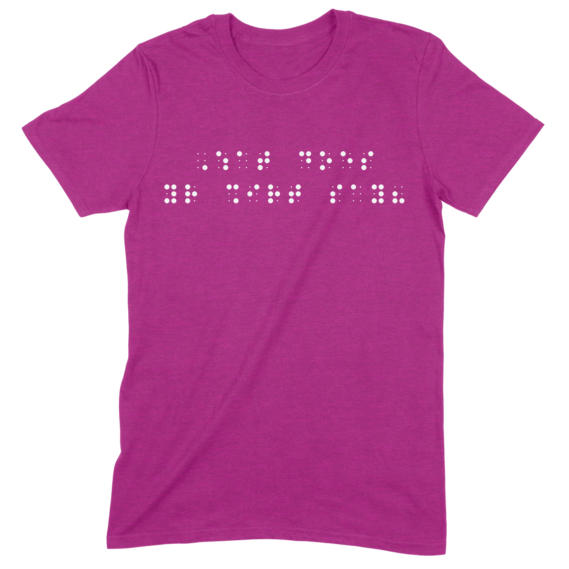 Dark pink short sleeve t-shirt with “What does your shirt say?” printed in white Grade 2 braille across the chest.