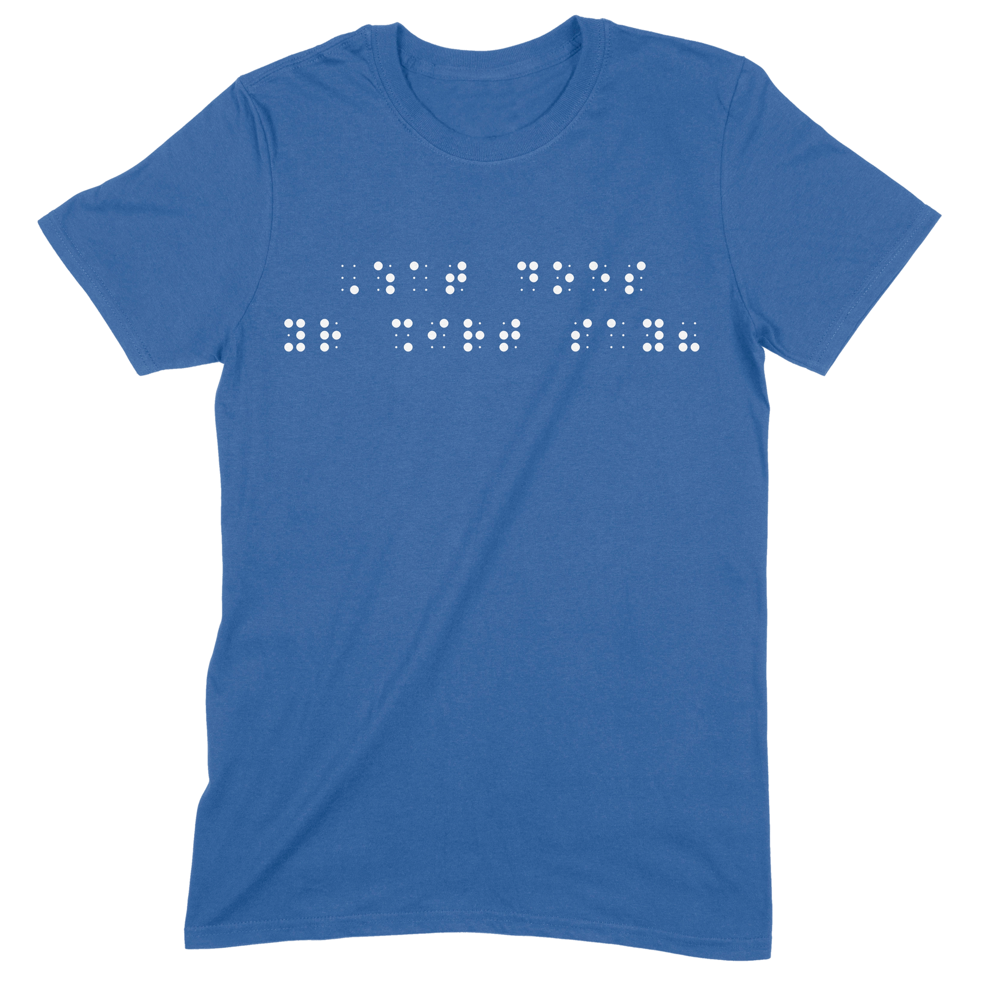 Royal blue short sleeve t-shirt with “What does your shirt say?” printed in white Grade 2 braille across the chest.